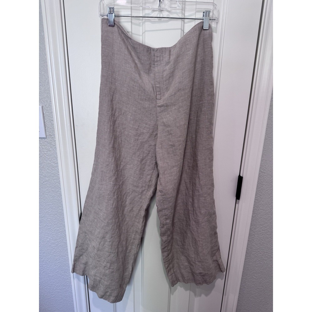 100% Linen Pants Trousers Beige Cropped Wide Leg 12 Womens Large Coastal Beach